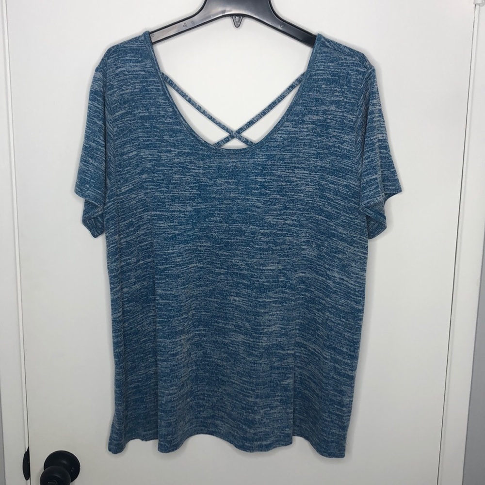 Blue short sleeve top with crisscross back detail